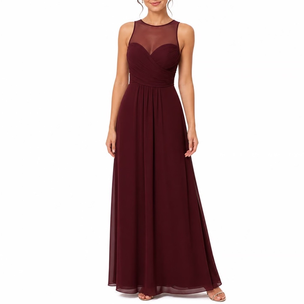 Bill Levkoff Burgundy Illusion Neckline Ruched Maxi Gown Dress Size 12